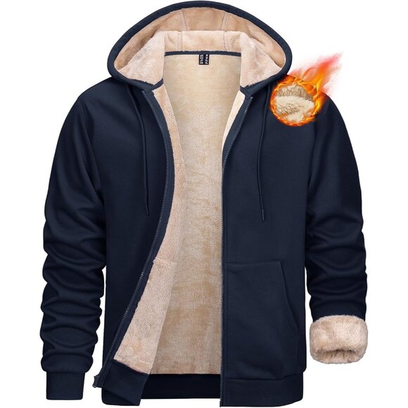Men's Zip Up Hoodie Sherpa Blue Sweatshirt Winter Heavyweight Hoodies Warm
